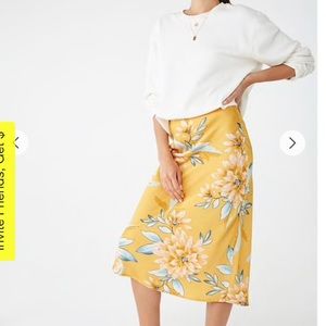 Yellow Floral Satin Midi Skirt